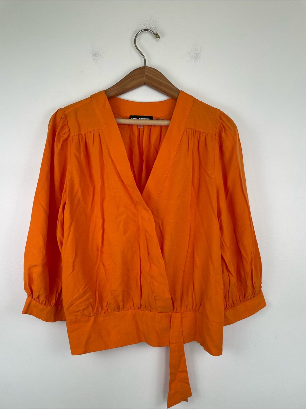 Karl Lagerfeld Paris Orange Wrap Tie Blouse Puff Sleeve Top Small Summer Resort